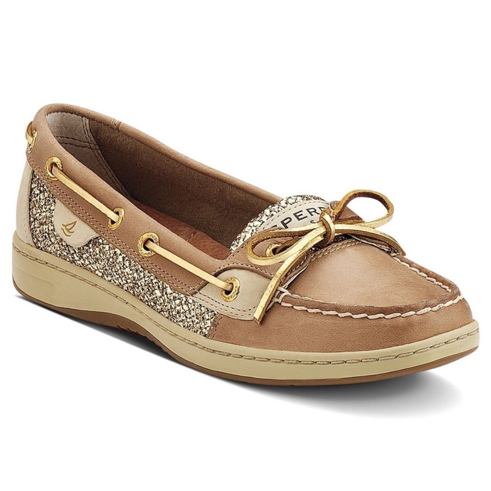 Sperry Tan Leather Boat Shoe with Gold Glitter Accents